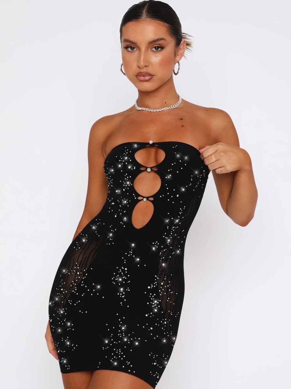 White Fox Boutique Black Strapless Cutout Mini Dress with Rhinestone Sparkle